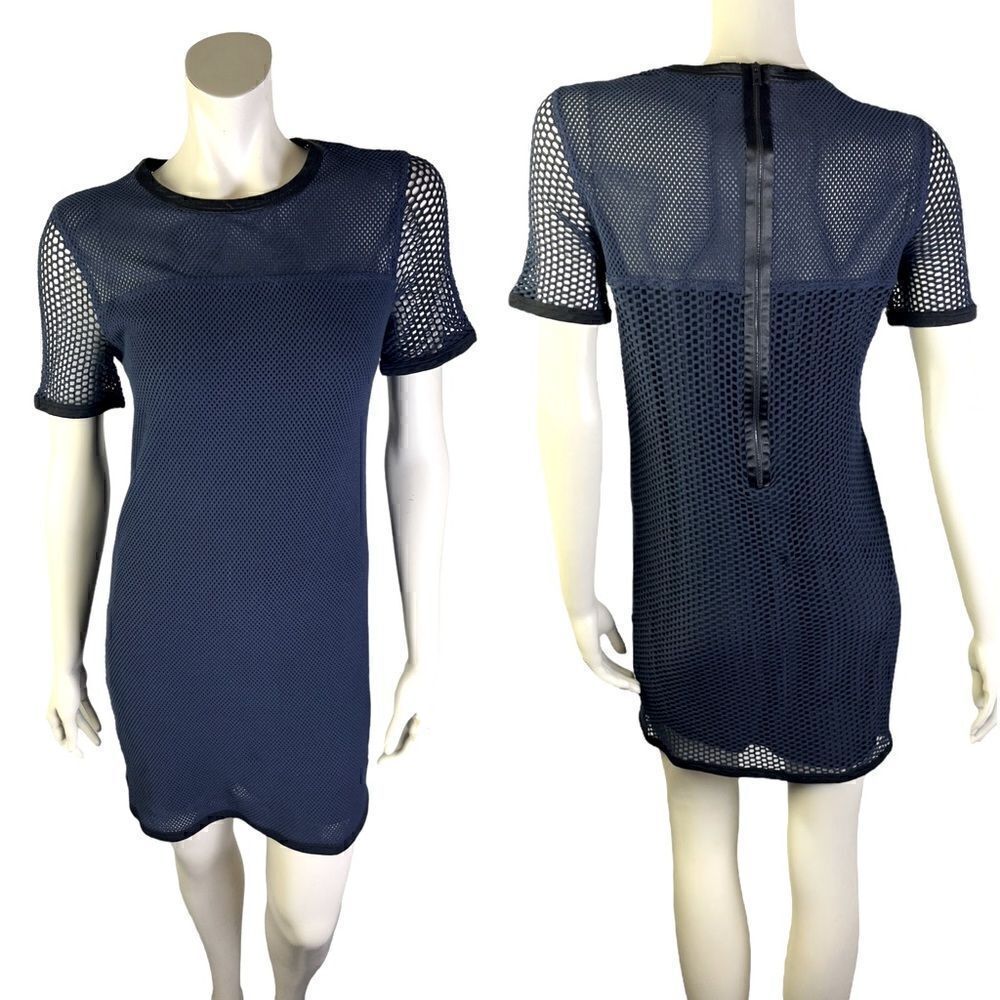 NWOT Navy Rag & Bone S/S Mesh Panel Sheath Knee Length Lined & Trimmed in Silk M